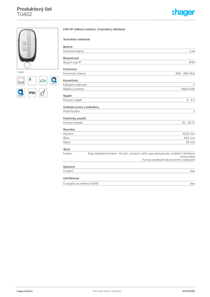 Obrázek Hager Produktový list TU402 | Hager