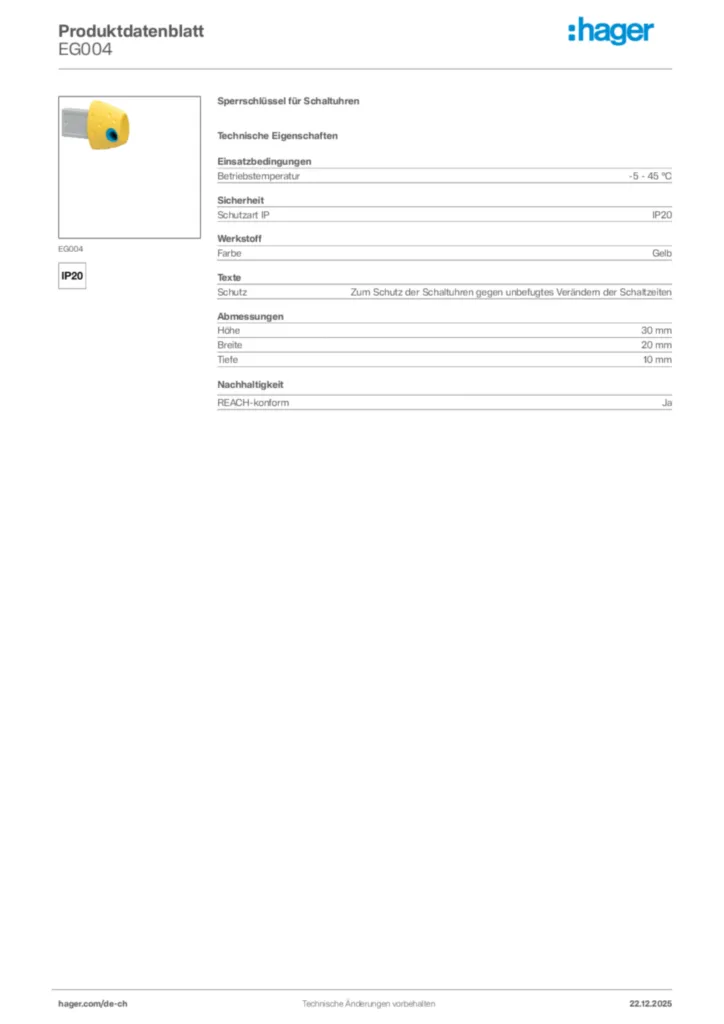 Bild Hager Produktdatenblatt EG004 | Hager Schweiz