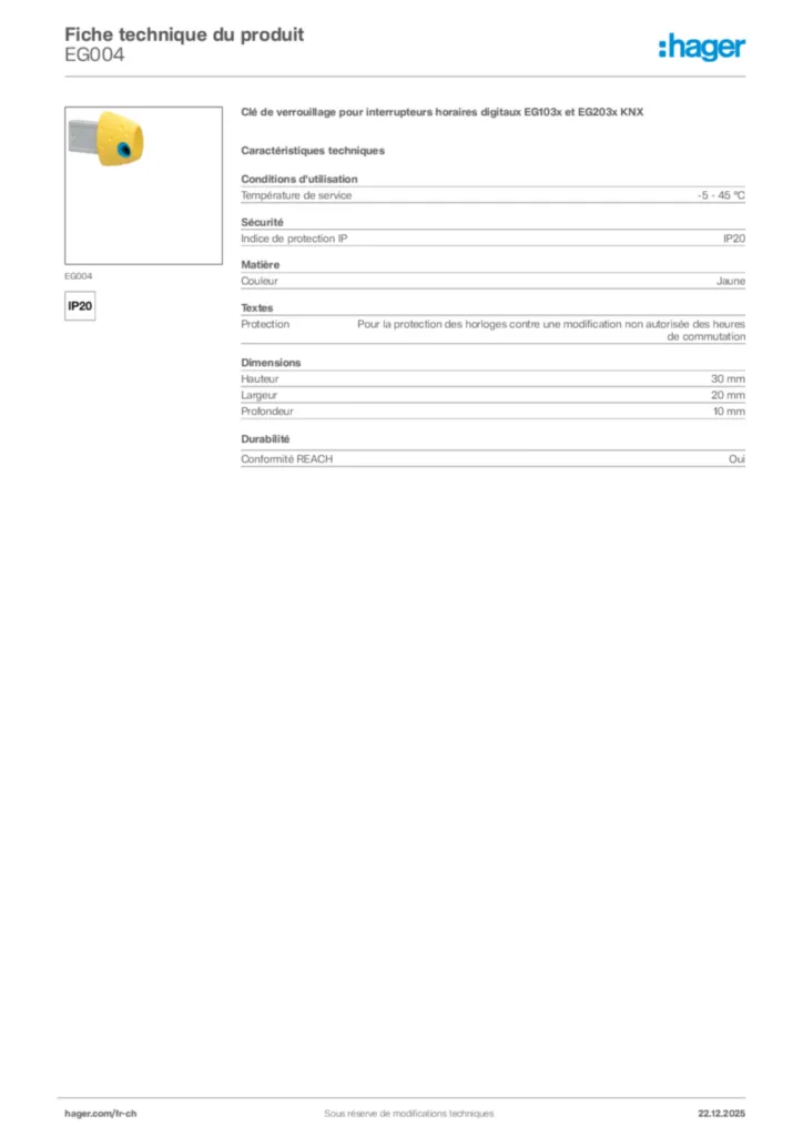 Image Hager Fiche technique du produit EG004 | Hager Suisse