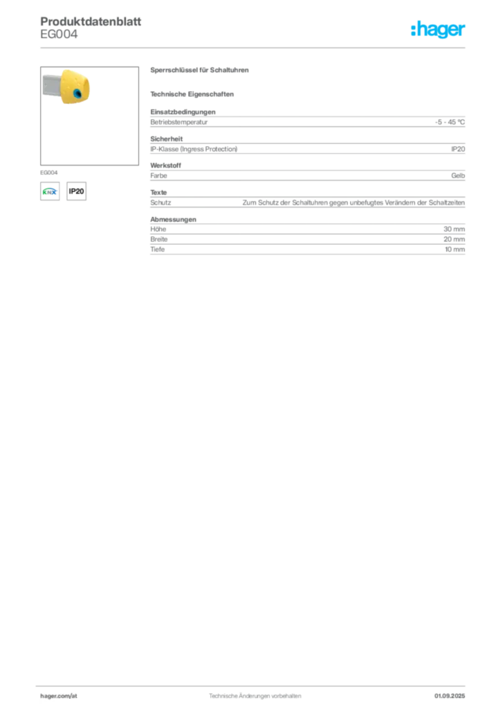 Bild Hager Produktdatenblatt EG004 | Hager Deutschland
