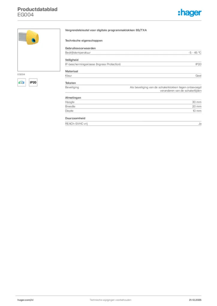 Afbeelding Hager Productdatablad EG004 | Hager Nederland