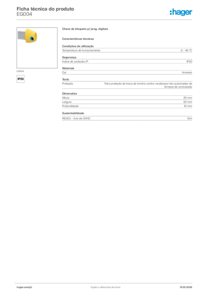 Imagem Hager Ficha técnica do produto EG004 | Hager Portugal