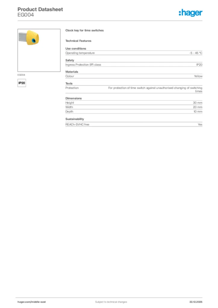 Image Hager Product data sheet EG004  | Hager