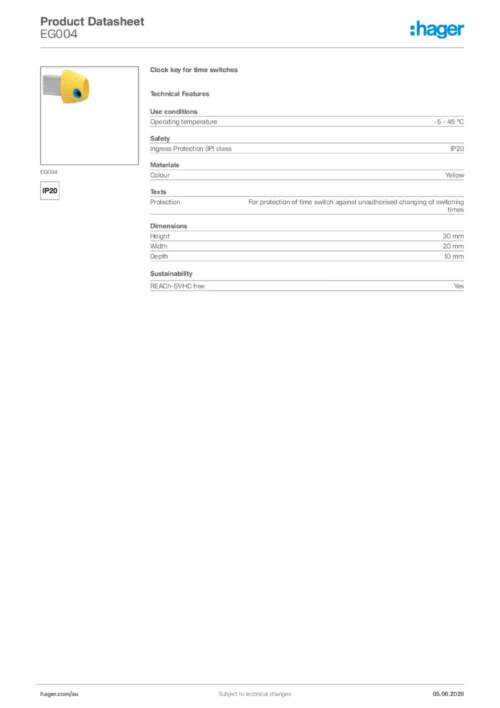 Image Hager Product data sheet EG004  | Hager Australia