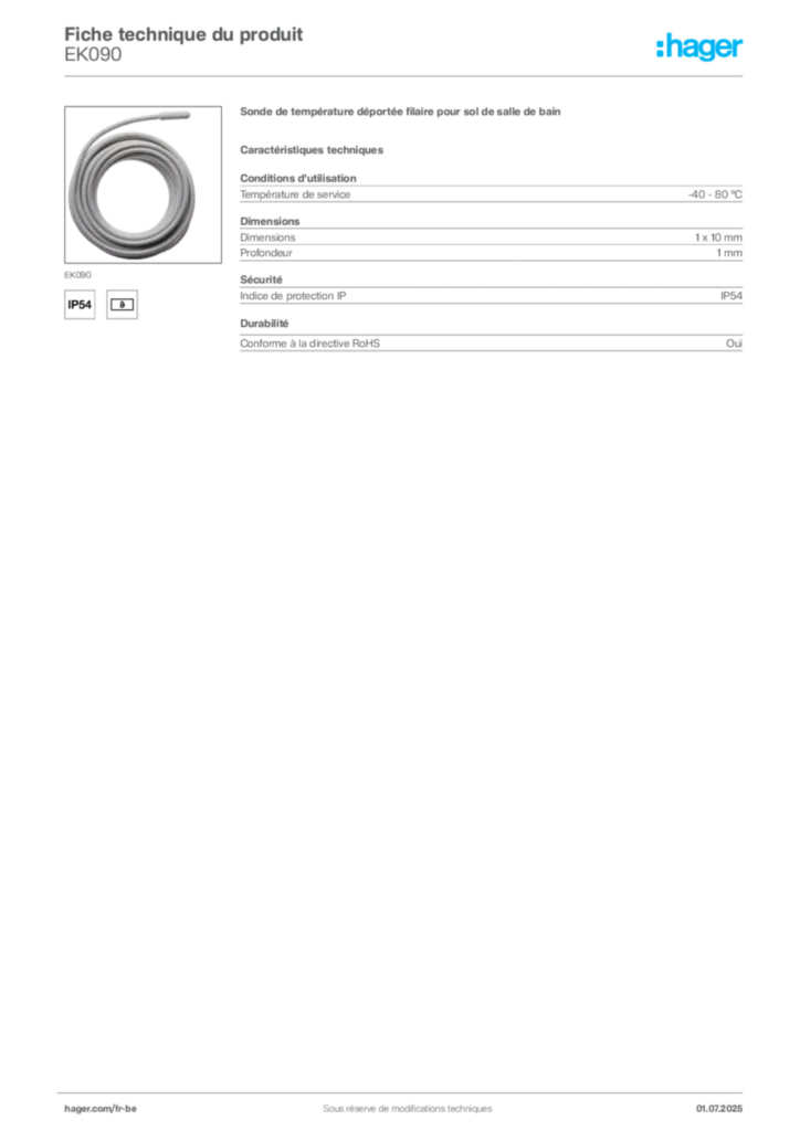 Image Hager Fiche technique du produit EK090 | Hager Belgique