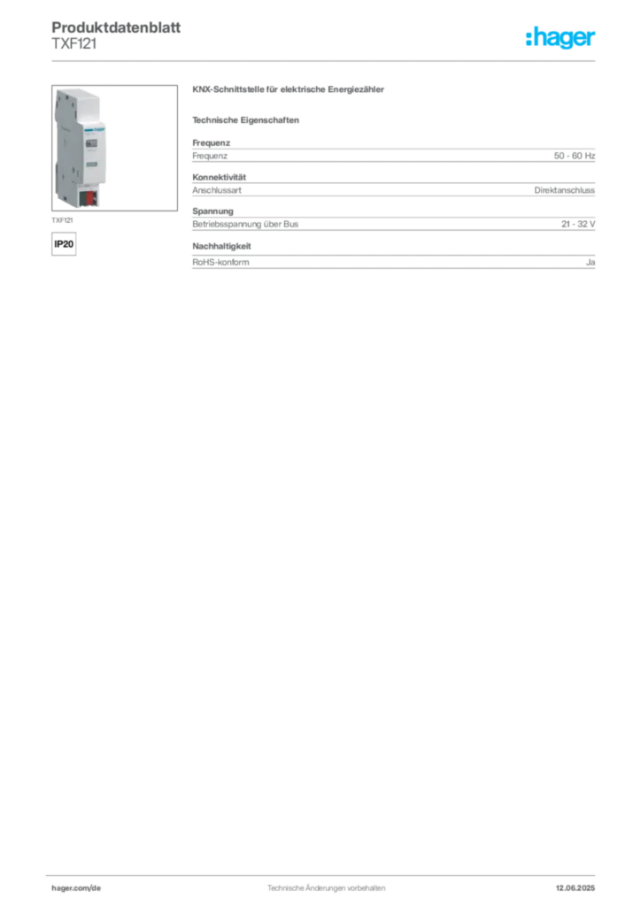Bild Hager Produktdatenblatt TXF121 | Hager Deutschland