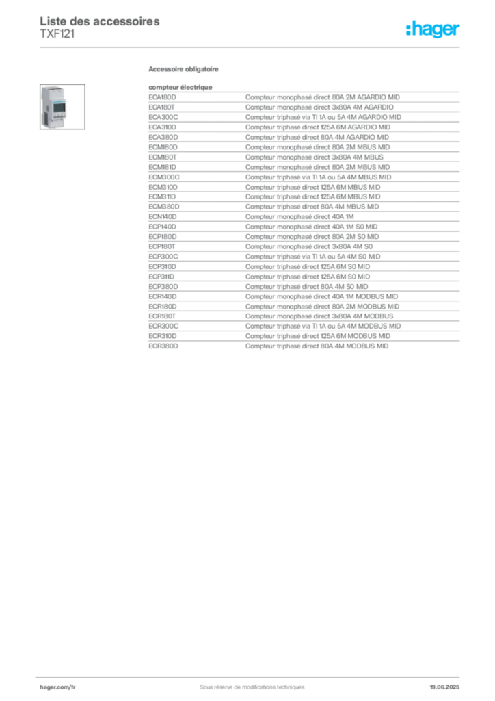 Image Hager Fiche technique du produit TXF121 | Hager France