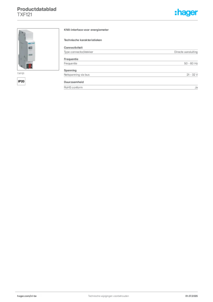 Afbeelding Hager Productdatablad TXF121 | Hager Belgium