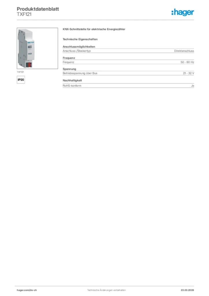 Bild Hager Produktdatenblatt TXF121 | Hager Schweiz