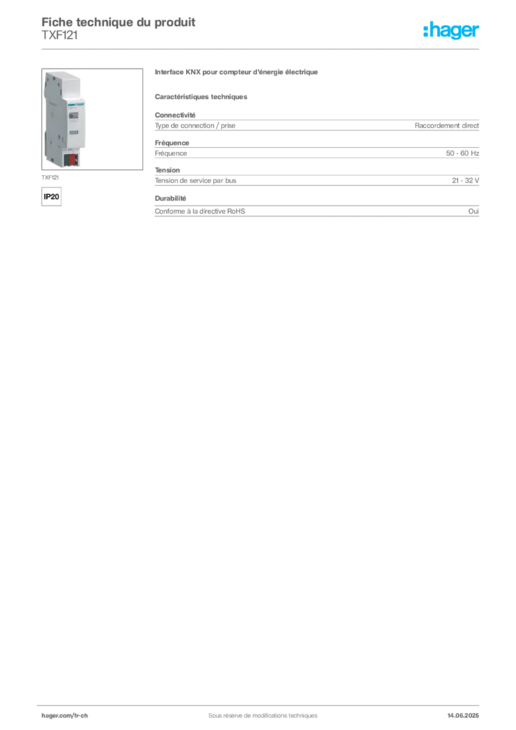 Image Hager Fiche technique du produit TXF121 | Hager Suisse
