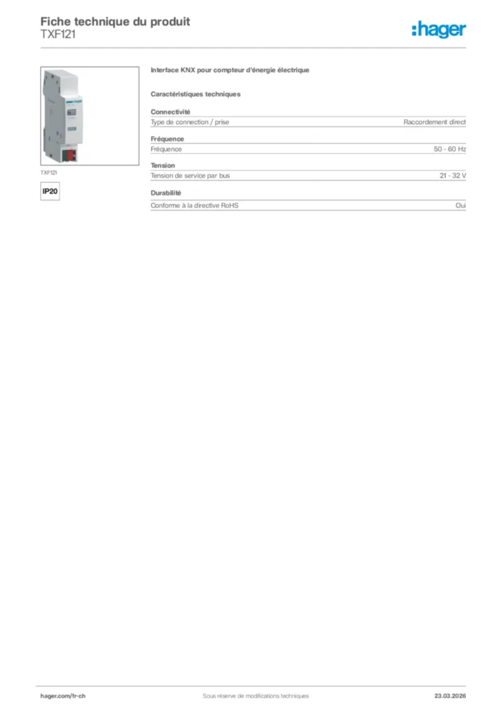Image Hager Fiche technique du produit TXF121 | Hager Suisse