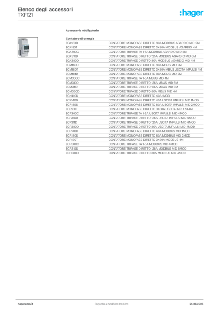 Immagine Hager Scheda tecnica del prodotto TXF121 | Hager Italia