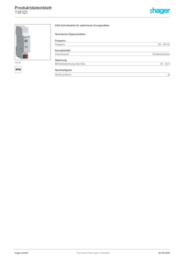 Bild Hager Produktdatenblatt TXF121 | Hager Deutschland