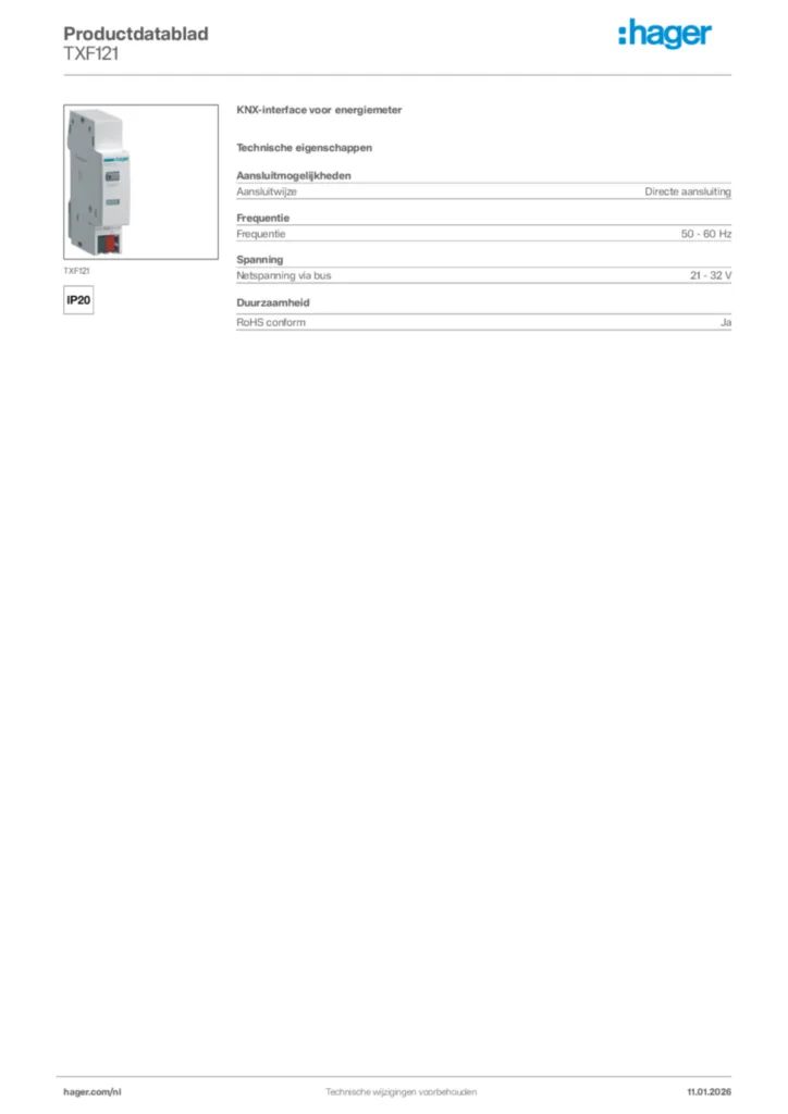 Afbeelding Hager Productdatablad TXF121 | Hager Nederland