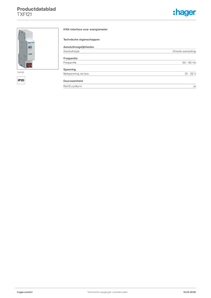 Afbeelding Hager Productdatablad TXF121 | Hager Nederland