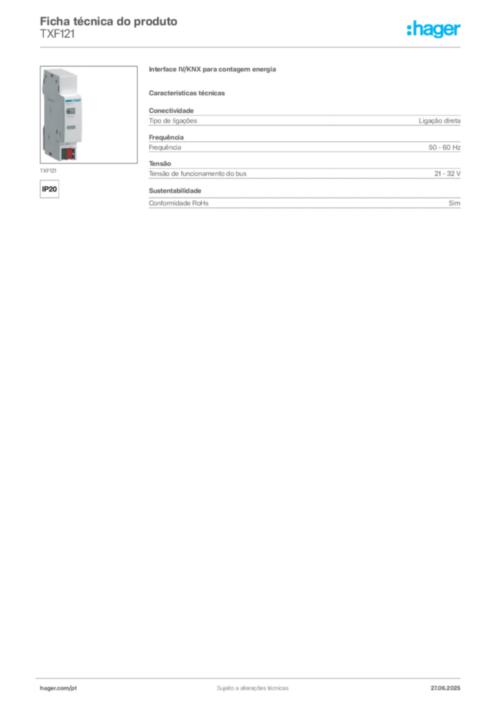 Imagem Hager Ficha técnica do produto TXF121 | Hager Portugal