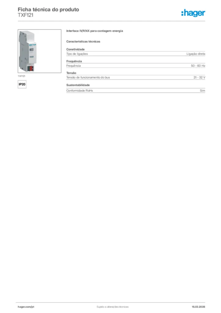 Imagem Hager Ficha técnica do produto TXF121 | Hager Portugal