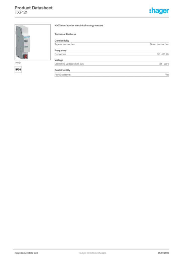 Image Hager Product data sheet TXF121  | Hager