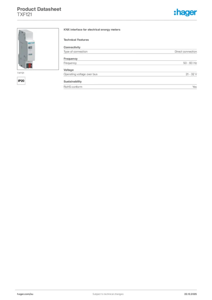 Image Hager Product data sheet TXF121  | Hager Australia