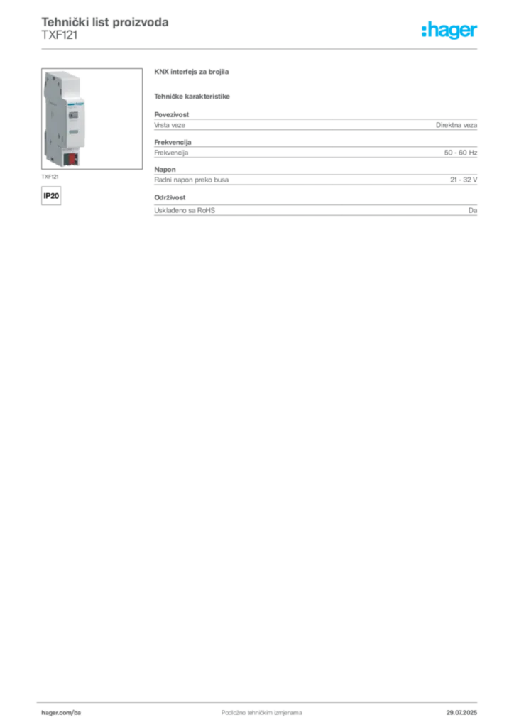 Slika Hager Product data sheet TXF121  | Hager