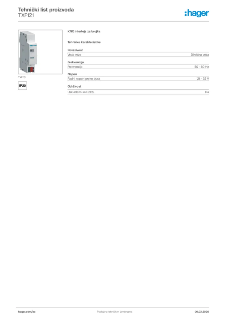 Slika Hager Tehnički list proizvoda TXF121  | Hager