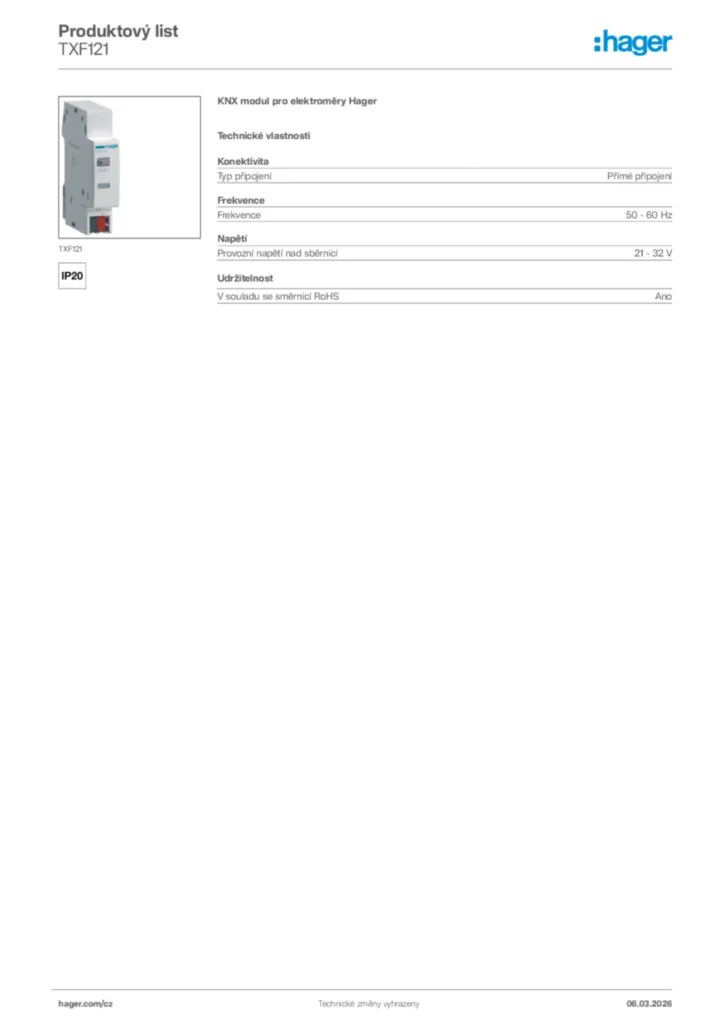 Obrázek Hager Product data sheet TXF121 | Hager