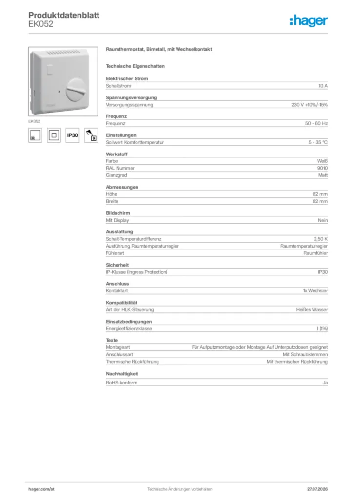 Bild Hager Produktdatenblatt EK052 | Hager Deutschland
