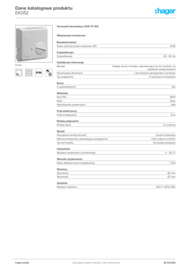 Zdjęcie Hager Dane katalogowe produktu EK052 | Hager Polska