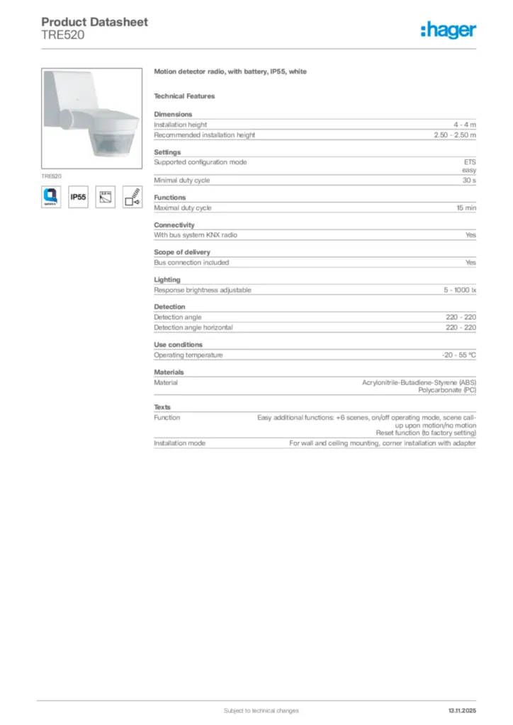 Image Hager Product data sheet TRE520  | Hager Africa