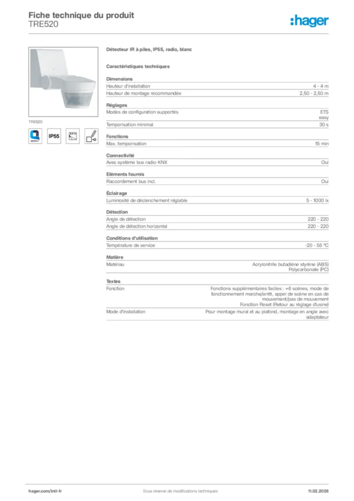 Image Hager Fiche technique du produit TRE520 | Hager Afrique