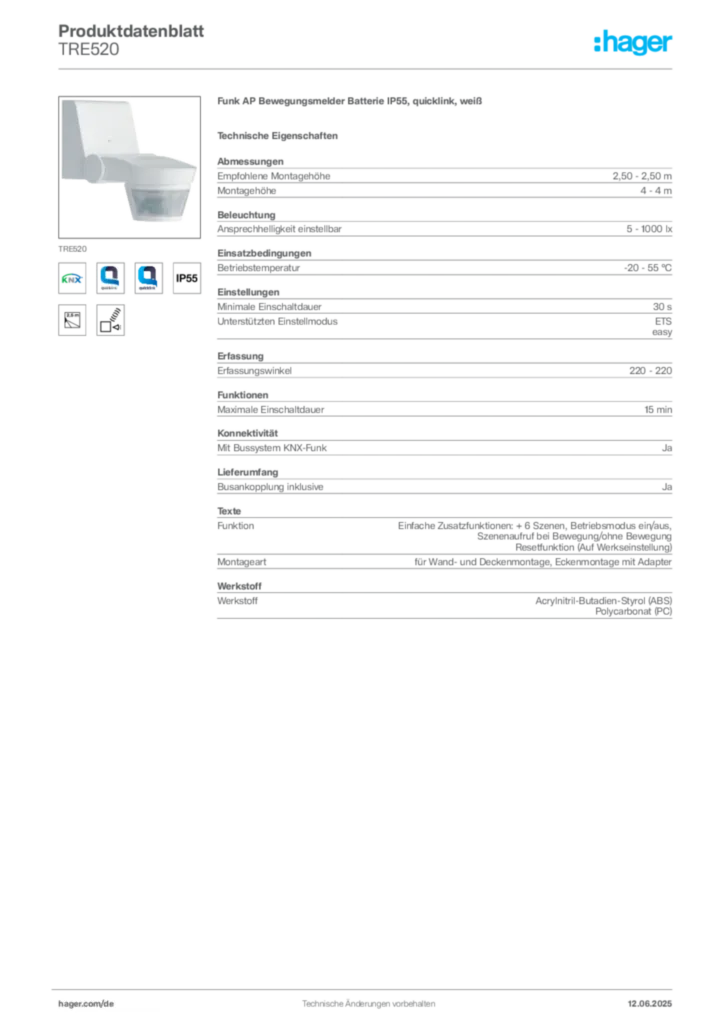 Hager Produktdatenblatt TRE520
