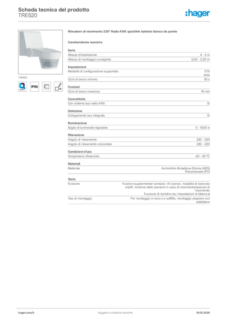 Immagine Hager Scheda tecnica del prodotto TRE520 | Hager Italia