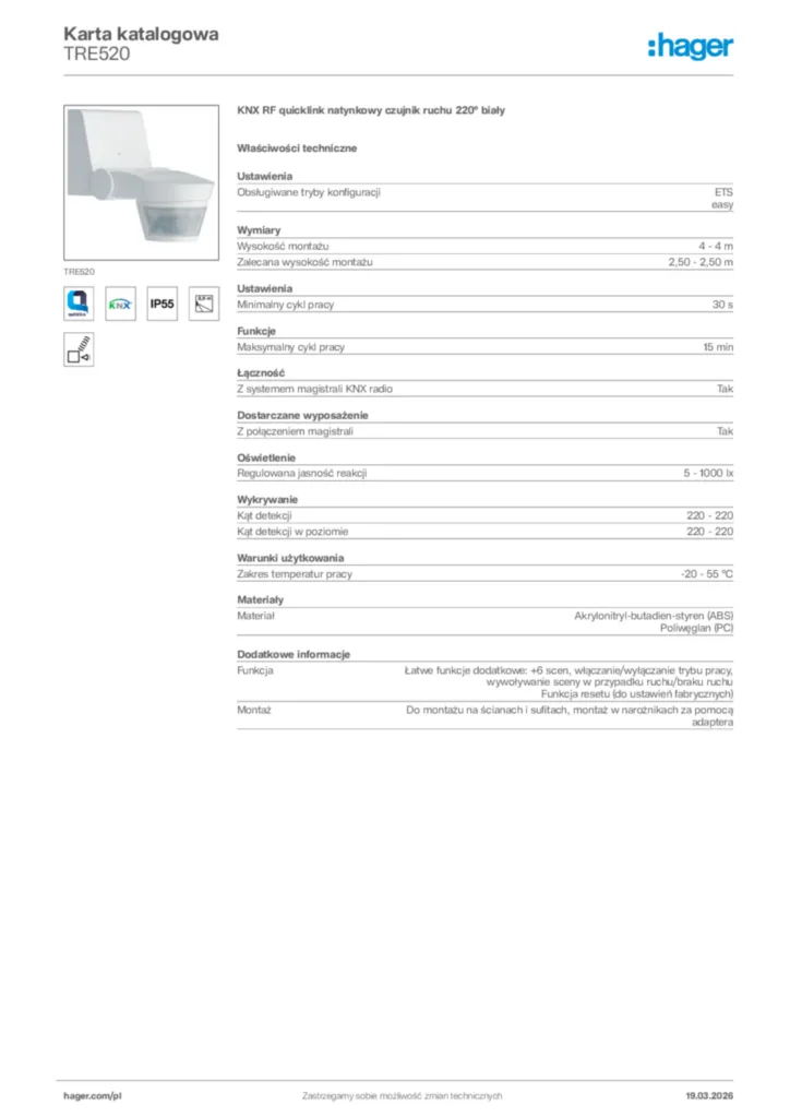 Zdjęcie Hager Karta katalogowa TRE520 | Hager Polska