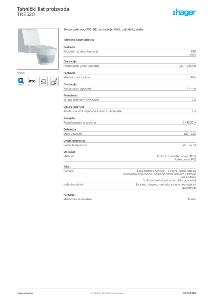 Slika Hager Product data sheet TRE520  | Hager