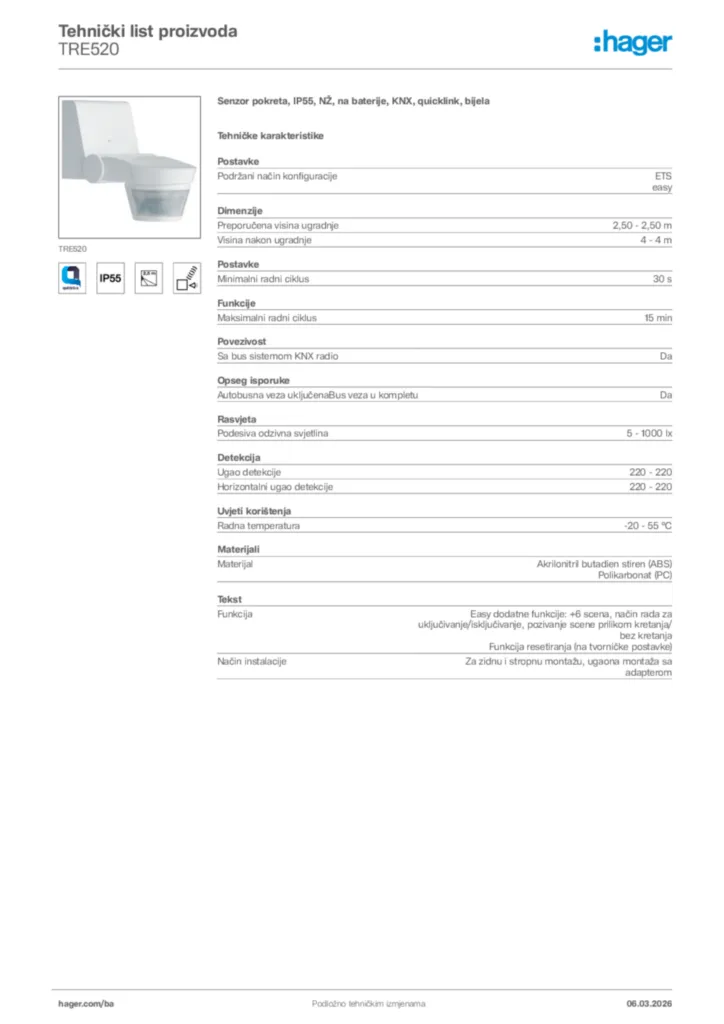 Slika Hager Tehnički list proizvoda TRE520  | Hager