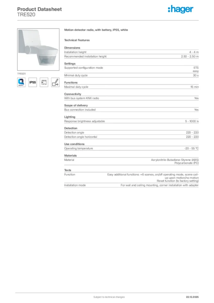 Image Hager Product data sheet TRE520  | Hager