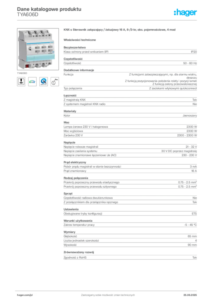 Zdjęcie Hager Dane katalogowe produktu TYA606D | Hager Polska
