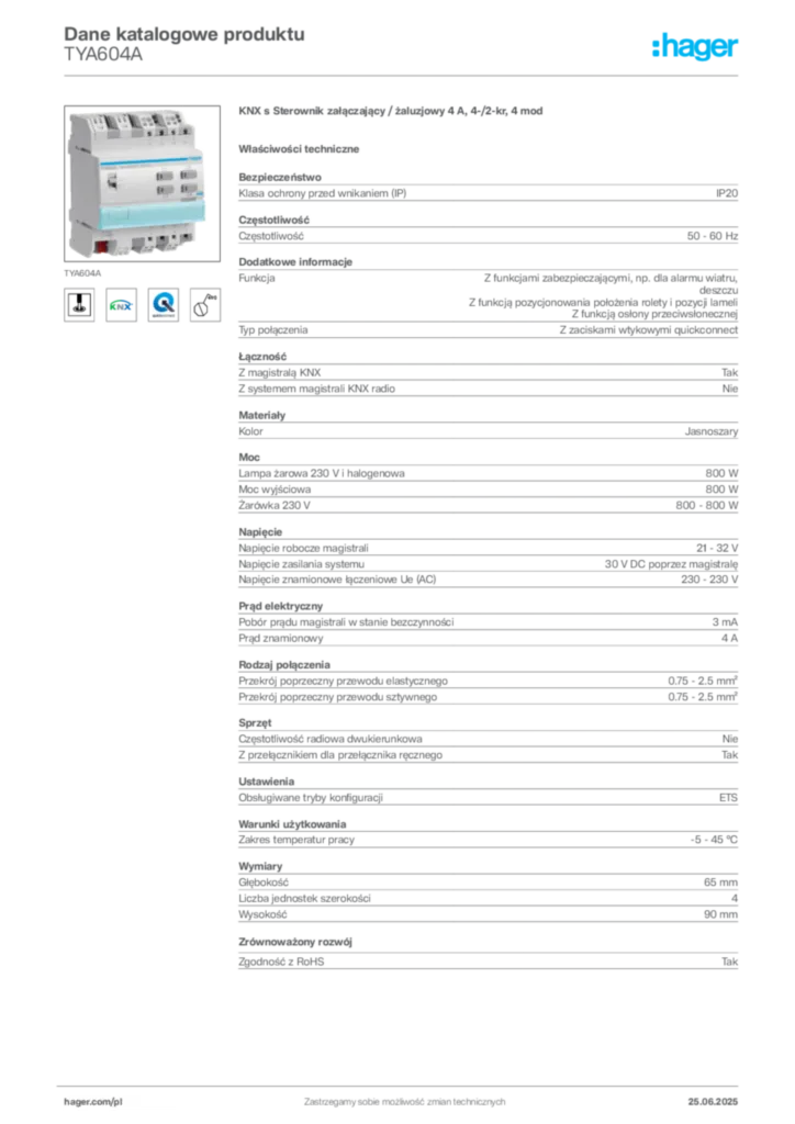 Zdjęcie Hager Dane katalogowe produktu TYA604A | Hager Polska
