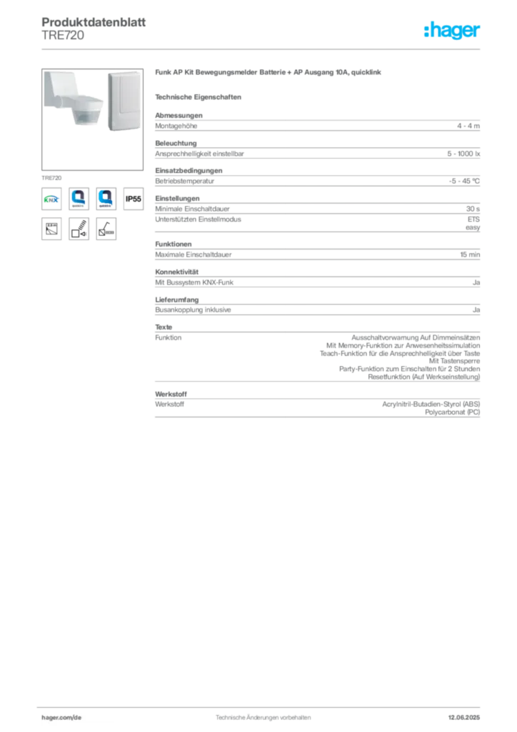 Bild Hager Produktdatenblatt TRE720 | Hager Deutschland