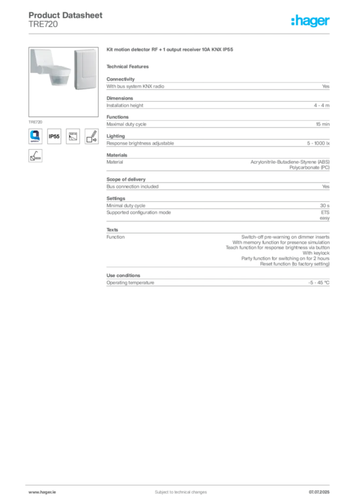 Image Hager Product data sheet TRE720  | Hager