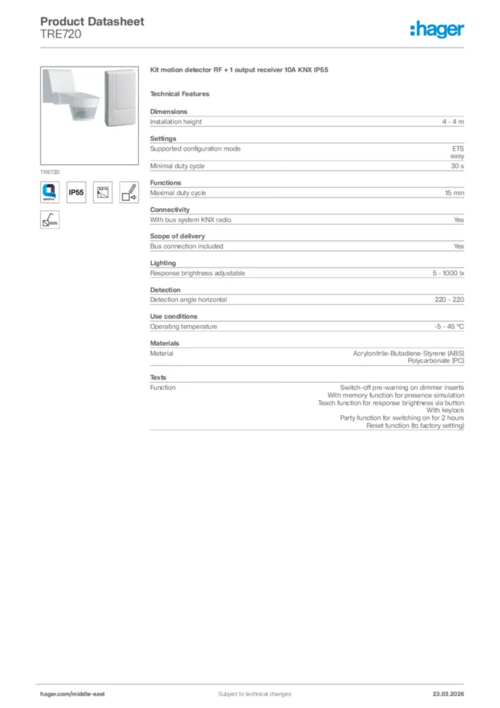 Image Hager Product data sheet TRE720  | Hager