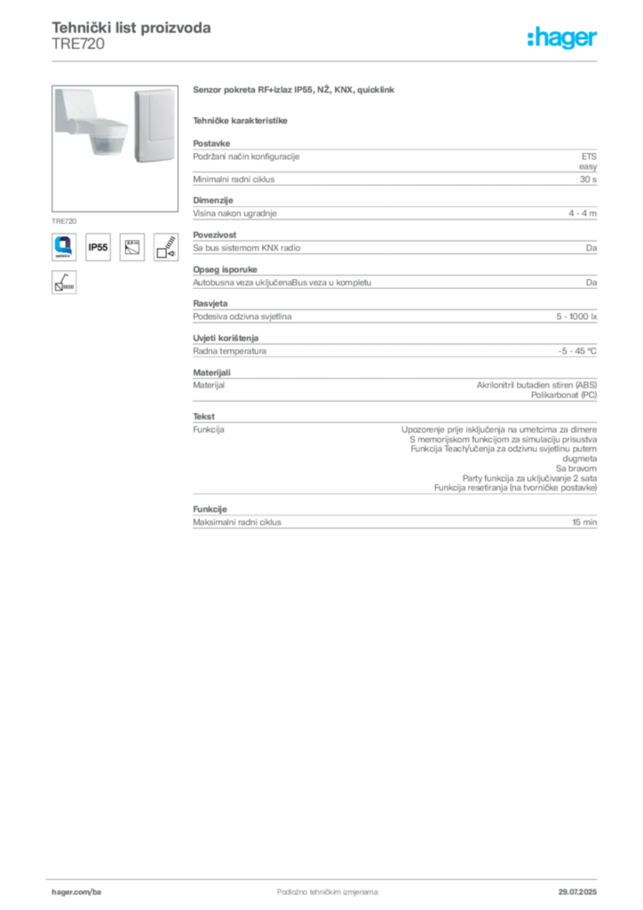 Slika Hager Product data sheet TRE720  | Hager