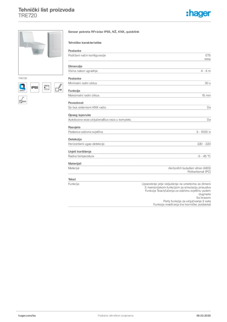 Slika Hager Tehnički list proizvoda TRE720  | Hager