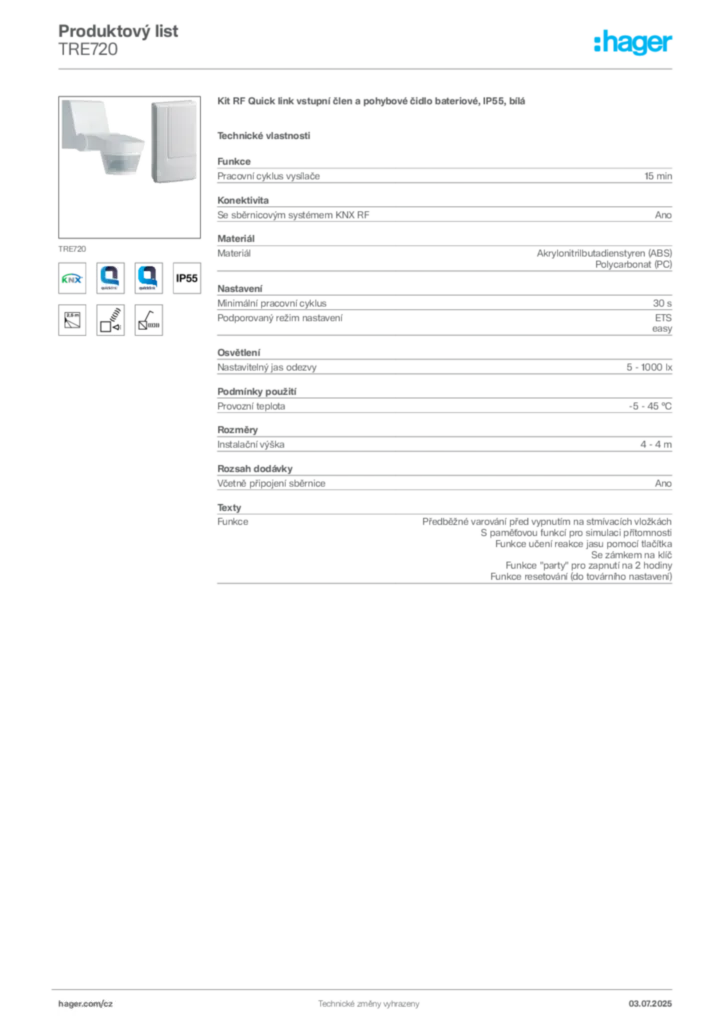 Obrázek Hager Produktový list TRE720 | Hager