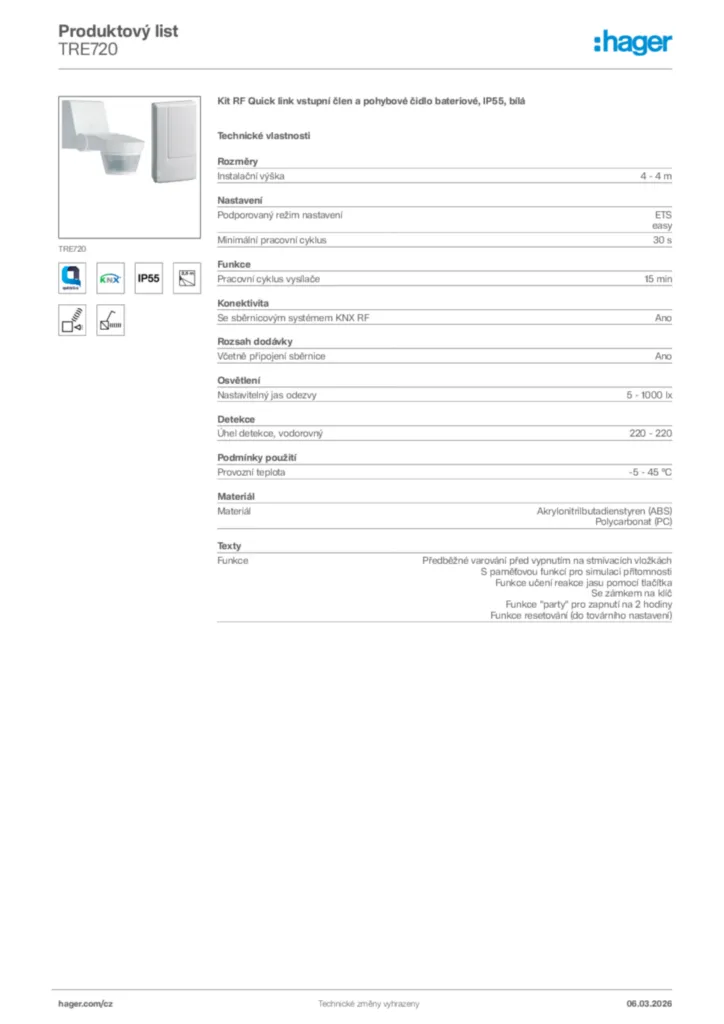 Obrázek Hager Product data sheet TRE720 | Hager