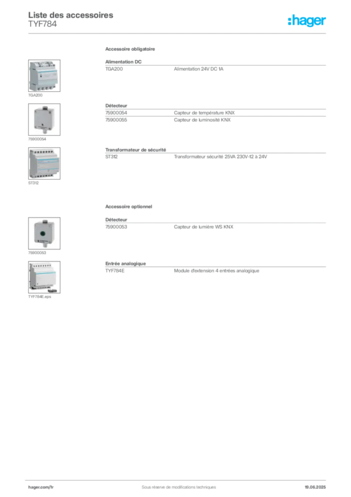 Image Hager Fiche technique du produit TYF784 | Hager France