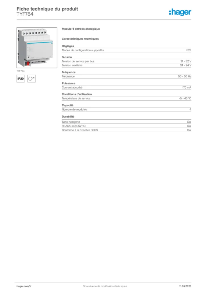 Image Hager Fiche technique du produit TYF784 | Hager France