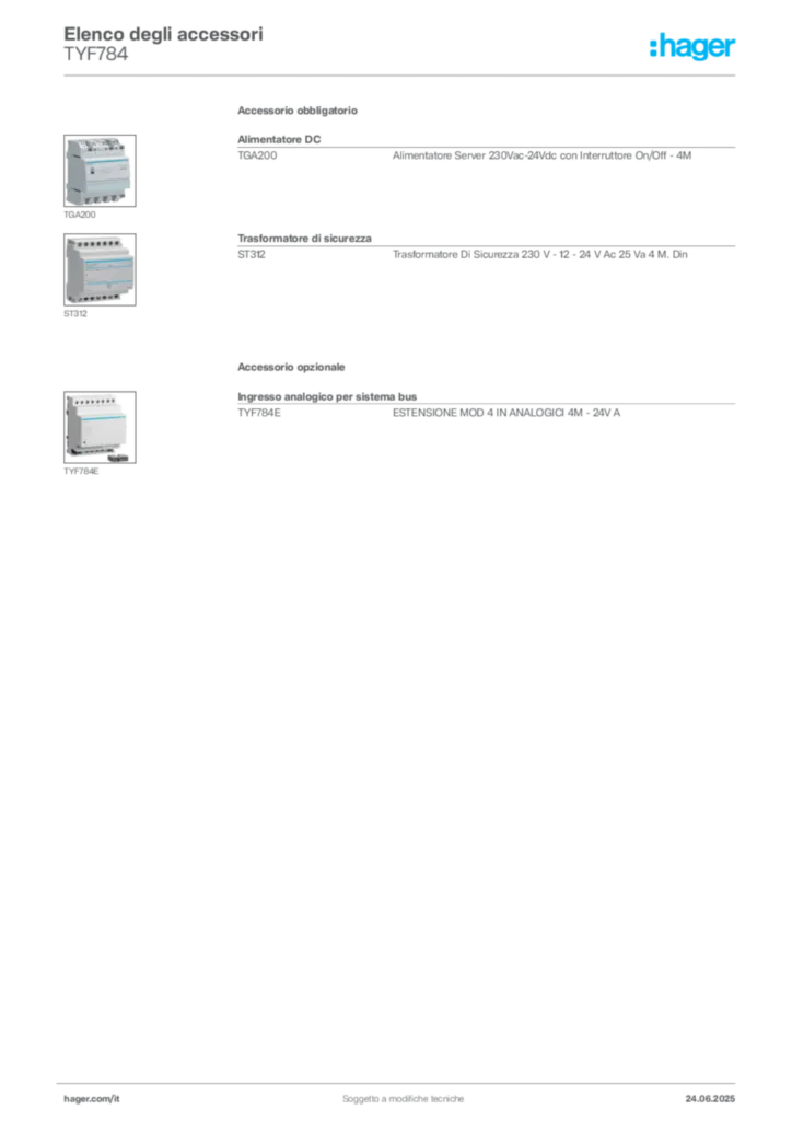 Immagine Hager Scheda tecnica del prodotto TYF784 | Hager Italia