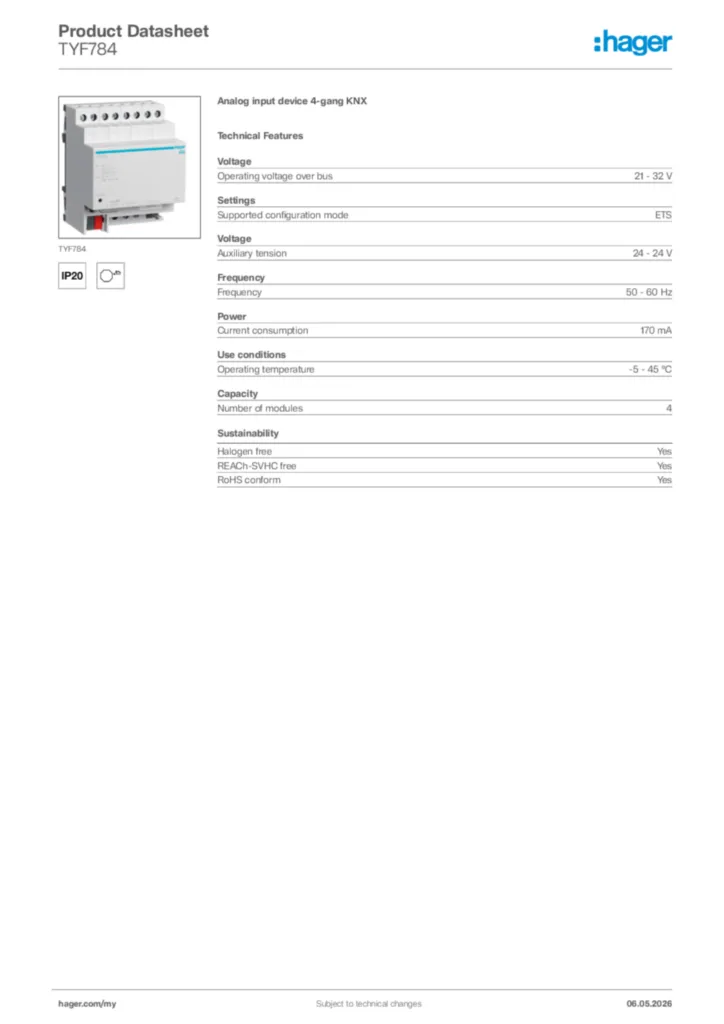 Image Hager Product data sheet TYF784  | Hager