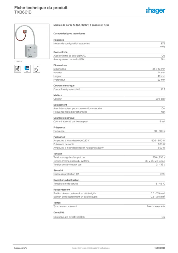 Image Hager Fiche technique du produit TXB601B | Hager France